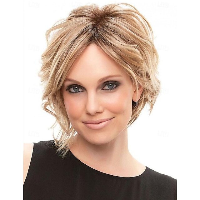  Short Ombre Blonde Wavy Bob Wigs for White Women Chin Length Blonde Highlight Bob Wig with Brown Roots Natural Looking Synthetic Daily Party Wig