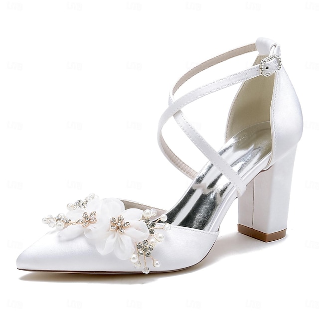  Women's Wedding Shoes Ladies Shoes Valentines Gifts White Shoes Wedding Party Daily Bridal Shoes Rhinestone Satin Flower Chunky Heel Pointed Toe Elegant Fashion Cute Satin Cross Strap White Ivory
