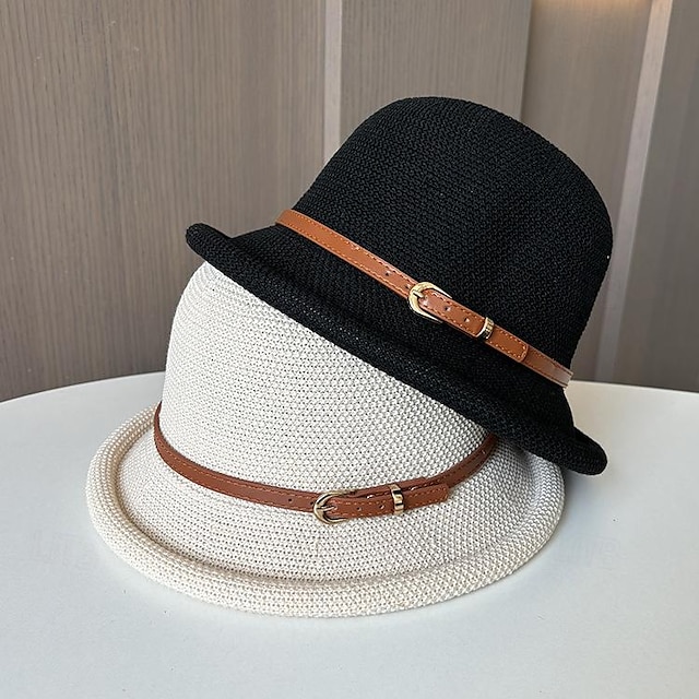  Hats Headwear Straw Bucket Hat Straw Hat Sun Hat Casual Holiday Elegant Retro With Pure Color Splicing Headpiece Headwear