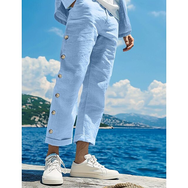  Bărbați Pantaloni de in Pantaloni Pantaloni de vară Buton Buzunar frontal Picior drept Simplu Confort Respirabil Lungime până la glezne Casual Zilnic Concediu Modă De Bază Alb Albastru piscină