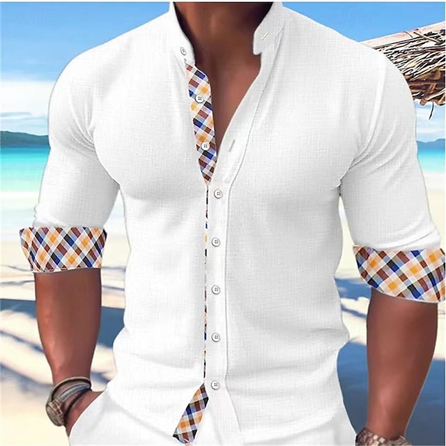  Herre Skjorte Button Up skjorte Casual skjorte Sommer skjorte Strandtrøje Sort Hvid Gul Himmelblå Mørkegrå Langærmet Ternet Farveblok Båndkrave Hawaiiansk Ferie Patchwork Tøj Mode Afslappet Bekvem