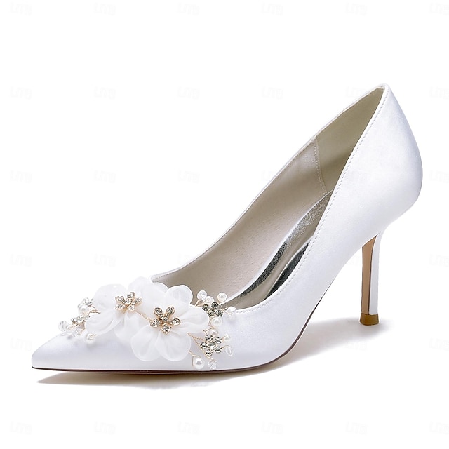  Women's Wedding Shoes Ladies Shoes Valentines Gifts White Shoes Wedding Party Valentine's Day Bridal Shoes Rhinestone Satin Flower Stiletto Pointed Toe Elegant Fashion Cute Satin Loafer White Ivory