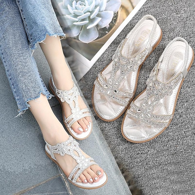  Summer Women's Sandals Casual Bohemian Beach Shoes Vacation Comfortable Elastic Casual Elastic Ankle Strap Soft Sole Boho Walking Shoes White Sandals Gold Sandals Blue