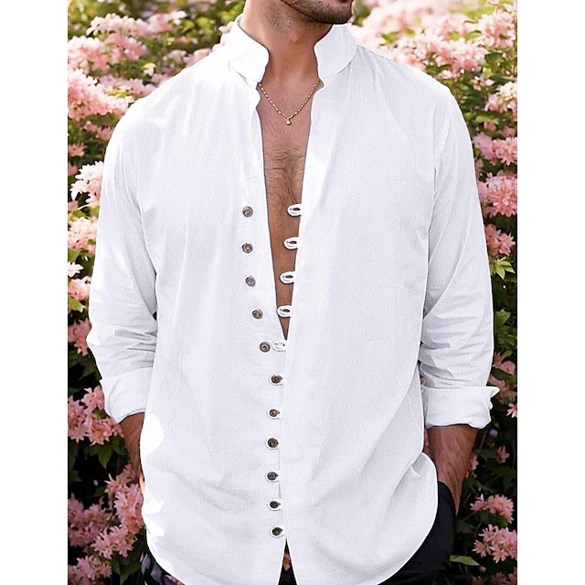 Men's Linen Shirt Shirt Button Up Shirt Casual Shirt Summer Shirt Black White Pink Long Sleeve Plain Band Collar Summer Spring & Fall Daily Vacation Clothing Apparel 12