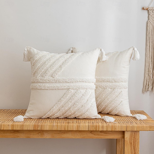  Funda de almohada decorativa bohemia con mechones, algodón a rayas blancas, borla beige para el hogar, dormitorio y sala de estar