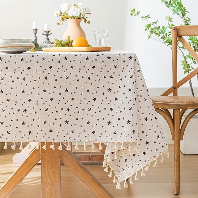  Bedruckte Tischdecke aus 100 % Baumwolle mit Punkten und Sternen und Quaste