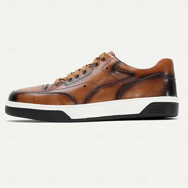  Men's Dress Sneakers Leather Italian Full-Grain Cowhide Slip Resistant Lace-up Yellow-Brown