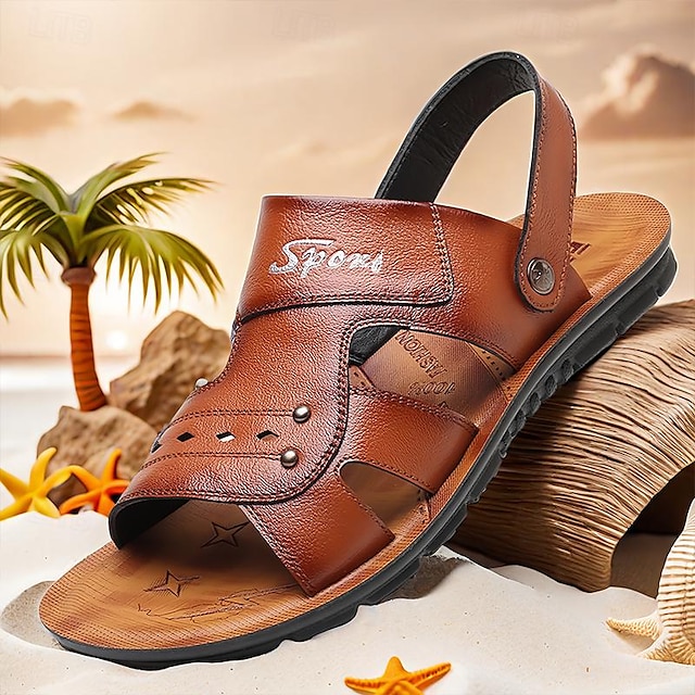  Men's Sandals Flat Sandals Leather Breathable Comfortable Slip Resistant Buckle Black Brown