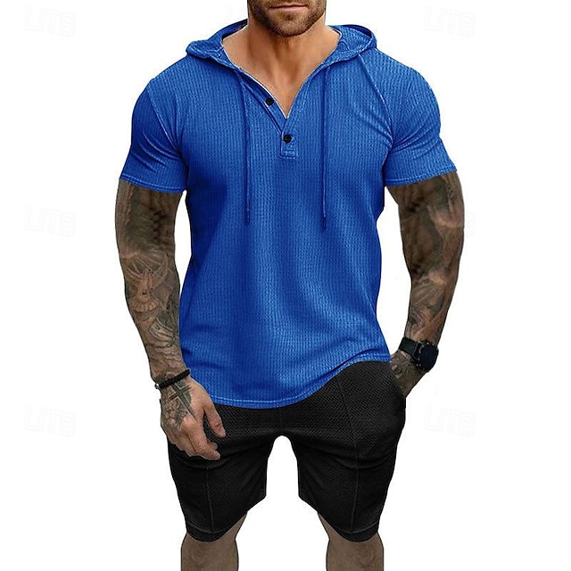  Men's Matching Sets Black T shirt Tee Henley Shirt Tee Top Sweat Shorts Summer Shorts Sets Short Sleeve Hooded Vacation Going out Plain 2 Piece Polyester Summer