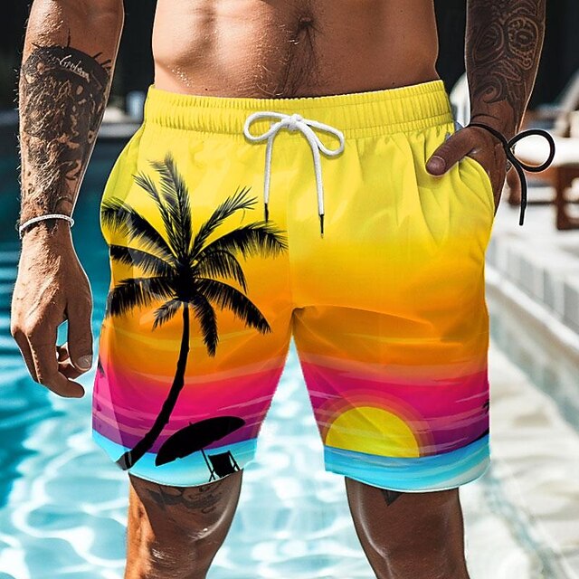 Men's Leaf Tree Coconut Tree Swim Trunks Swim Shorts Board Shorts Mid Waist Hawaiian Boho Casual Daily Holiday Drawstring with Mesh lining Elastic Waist Designer Clothing Apparel4
