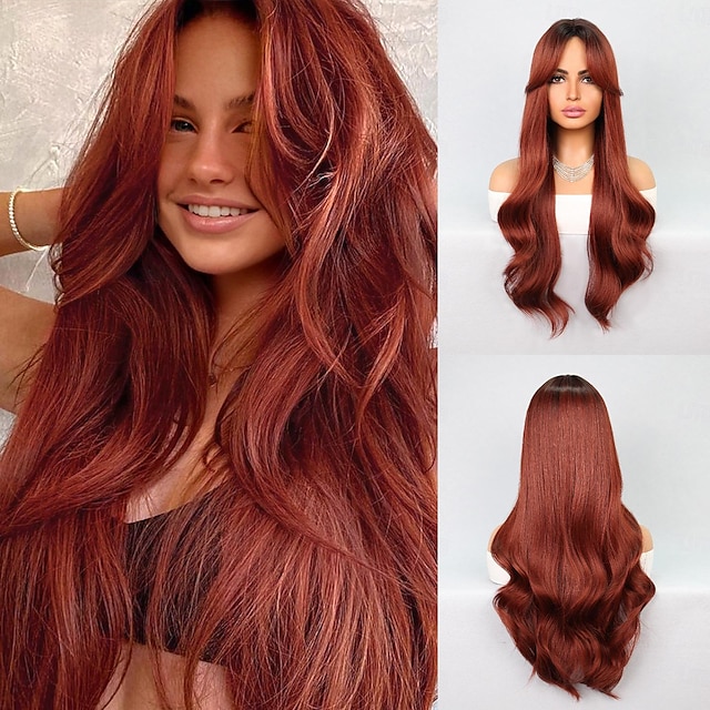  Cosplay Costume Wig Synthetic Wig Natural Wave Middle Part Machine Made Wig 28 inch Brown / Burgundy Synthetic Hair Women's Multi-color Mixed Color