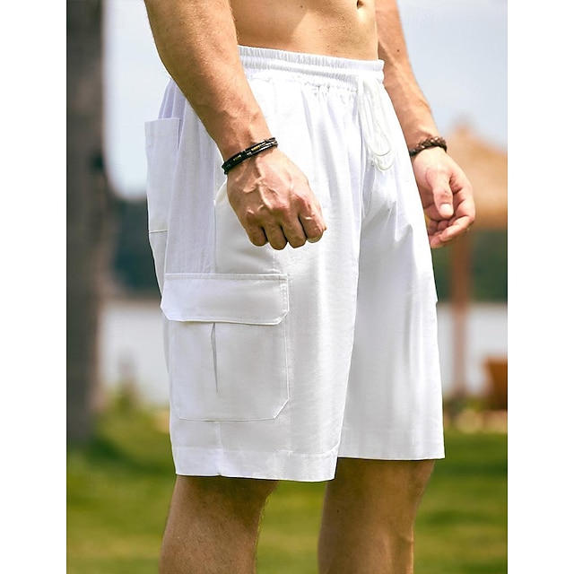  Herren Shorts Kurze Hosen Leinenshorts Kurze Hosen Sommer-Shorts Strandshorts Kurze Hosen Kordelzug Elastische Taille Multi Pocket Glatt Knielänge Party Strand Hawaiianisch Brautkleider schlicht Wei