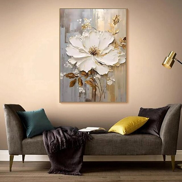 Hand painted Textured GOLD flower oil painting Wall Art Abstract White ...