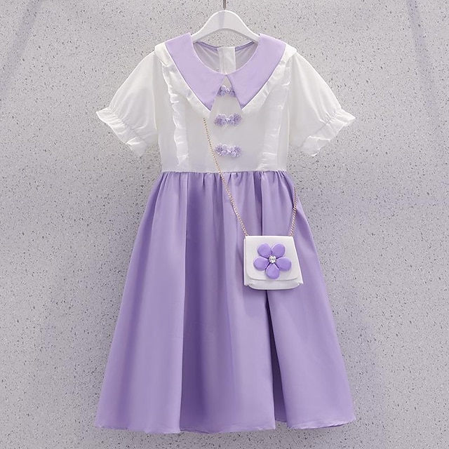  Kids Girls' Dress Color Block Short Sleeve Party Outdoor Casual Fashion Daily Casual Polyester Summer Spring 2-12 Years Pink Purple