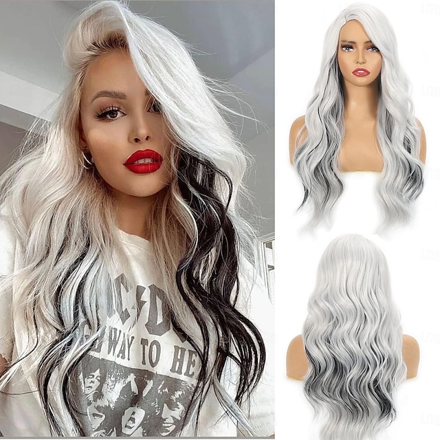  Long Ombre White Wigs for Black Women 26 28 Inch Long Wavy Wig with Bangs for Women Big Bouncy Fluffy Synthetic Fiber Glueless Hair for Cosplay and Daily Use Blue Wine Red Purple White
