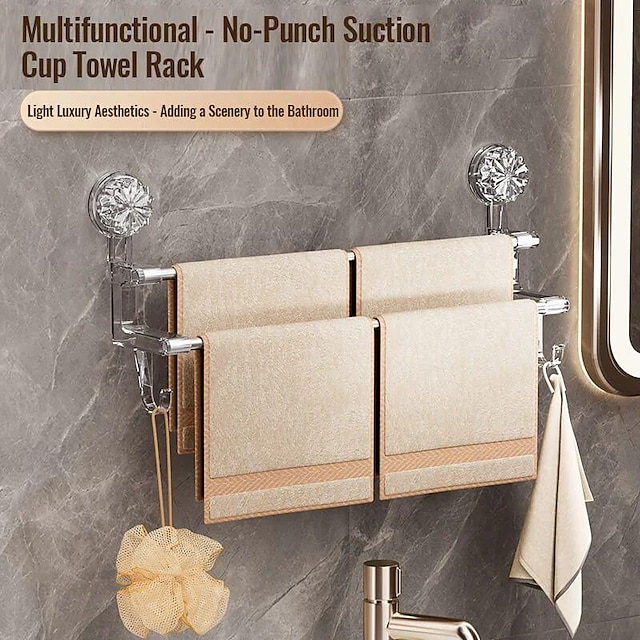  Bathroom Towel Bar, No Drill Hand Towel Holder with 5 Sliding Hooks, Wall Mounted Towel Bar for Shower Bathroom Kitchen Door