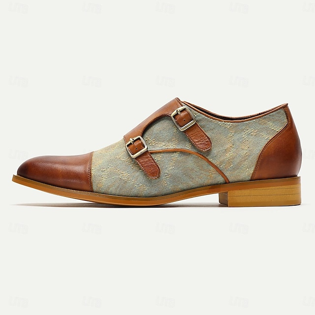  Men's Monk shoes Brogue Leather Italian Full-Grain Cowhide Slip Resistant Magic Tape Buckle Brown Color Block