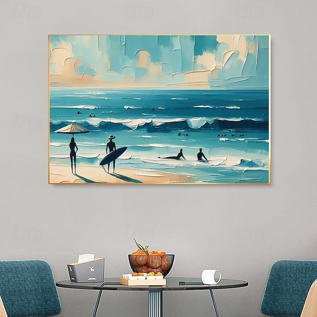  pintura de surf na praia em tela arte de casal costeiro pintado à mão ondas texturizadas arte de parede grande oceano paleta faca decoração artística (sem moldura)