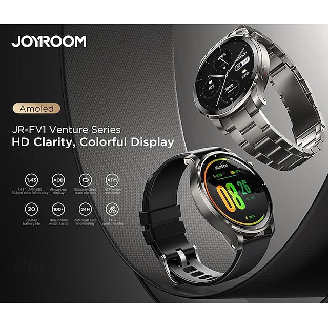  Joyroom JR-FV1 Smart Watch 1.43 inch Smartwatch Fitness Running Watch Bluetooth Pedometer Call Reminder Fitness Tracker Compatible with Android iOS Women Men Long Standby Hands-Free Calls Waterproof