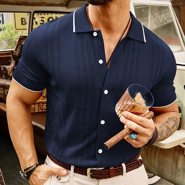  Men's Business Polo Golf Polo Business Casual Lapel Short Sleeve Fashion Office Solid / Plain Color Button Front Summer Royal Blue Brown Apricot Business Polo