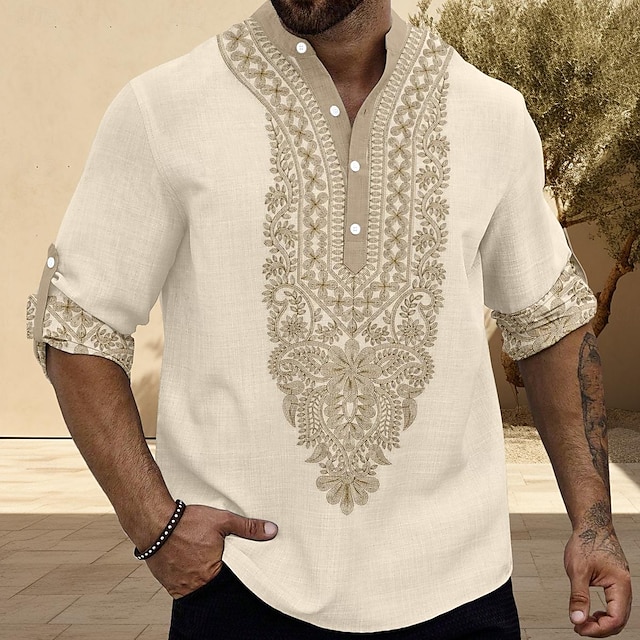  camisa de hombre camisa de lino uso diario vacaciones salir primavera y otoño cuello alto manga larga blanquecino s, m, l camisa de tela flameada