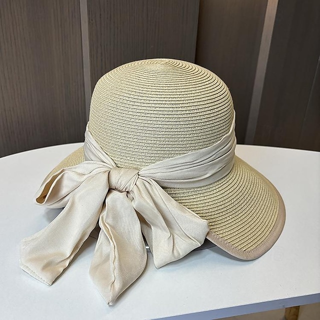  Hats Headwear Acrylic / Cotton Straw Bucket Hat Straw Hat Sun Hat Casual Holiday Elegant Retro With Ribbons Pure Color Headpiece Headwear