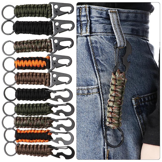  Outdoor Keychain with Camping Hook, Military Paracord, Camping Survival Kit, Emergency Knotting Bottle Opener Tool, Mountaineering Emergency Paracord, Eagle Beak Buckle Braided Keychain Hook