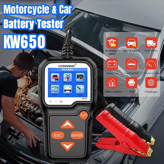  Starfire konnwei kw650 testeur de batterie de moto de voiture analyseur de système de batterie 12v 6v 2000cca outils de test de démarrage de charge pour la voiture