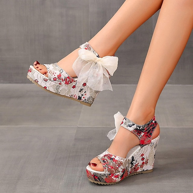  sandálias de cunha feminina sandálias estampadas florais peep toe arco estilingue sapatos plataforma versátil sandálias de vestido vermelho azul sandálias