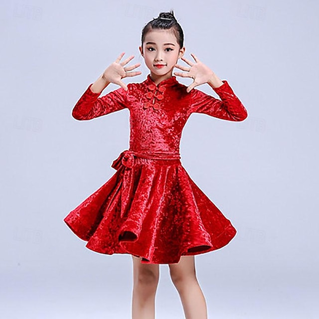  Latein-Tanz Tanzkleidung für Kinder Kleid Sattelgurt Knöpfe Pure Farbe Mädchen Leistung Ausbildung Langarm Hoch Terylen