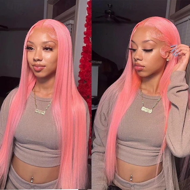  Parrucca anteriore in pizzo rosa per capelli umani per donna Parrucca frontale in pizzo 13x4 HD Parrucche anteriori in pizzo diritte colorate brasiliane