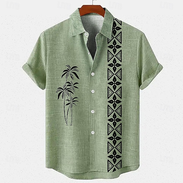  Men's 18.6% Linen 63.2% Polyester 18.2% Cellulose Fiber Recycled Fiber Linen Shirt Coconut Tree Print Short Sleeve Stand Collar Blue, Brown, Green Shirt Outdoor Street Casual
