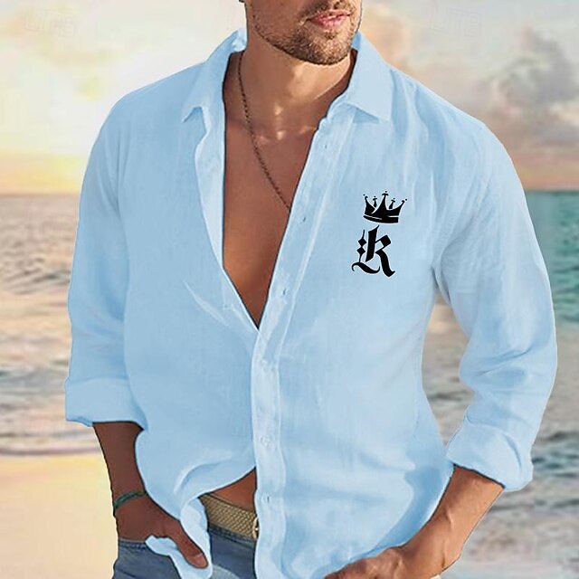 Men's Shirt Linen Shirt Casual Shirt Button Up Shirt Cotton Shirt King Hawaiian Holiday White Pink Light Blue Long Sleeve Turndown Spring &  Fall Clothing Apparel Embroidered4