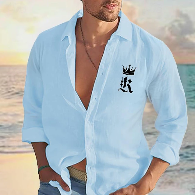 Men's Shirt Linen Shirt Casual Shirt Button Up Shirt Cotton Shirt King Hawaiian Holiday White Pink Light Blue Long Sleeve Turndown Spring & Fall Clothing Apparel Embroidered4