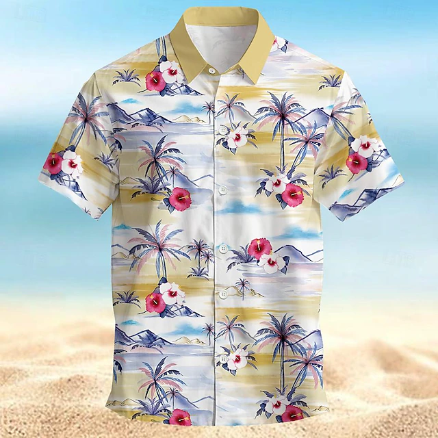 Men's Floral Coconut Tree Palm Tree Summer Hawaiian Shirt Aloha Shirt Short Sleeves Shirt Turndown Hawaiian Casual Resort Outdoor Vacation Street Yellow Purple S M L 5
