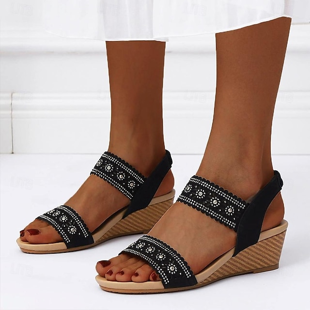  סנדלי טריז לנשים בוהו בוהמי קיץ סנדלי חופשת חוף ים ראש עגול נעלי נוחות שחורות אפור משמש