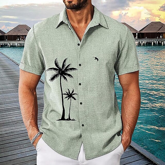 Men's Linen Shirt Beach Shirt Summer Hawaiian Shirt Coconut Tree Outdoor Vacation Green Short Sleeve Stand Collar Summer Spring Clothing Apparel Print4
