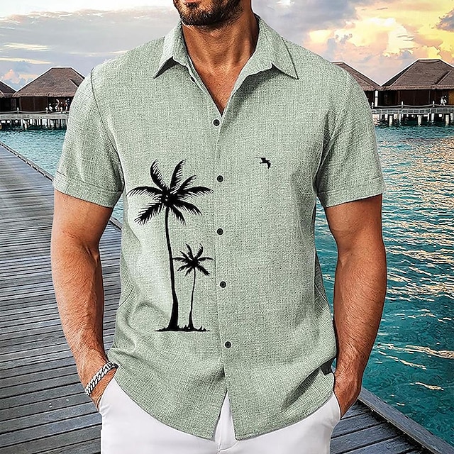 Men's Linen Shirt Beach Shirt Summer Hawaiian Shirt Coconut Tree Outdoor Vacation Green Short Sleeve Stand Collar Summer Spring Clothing Apparel Print4