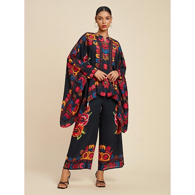 Chic Navy Print long smock Wide Leg Chiffon Women Two Pieces Sets main image 0