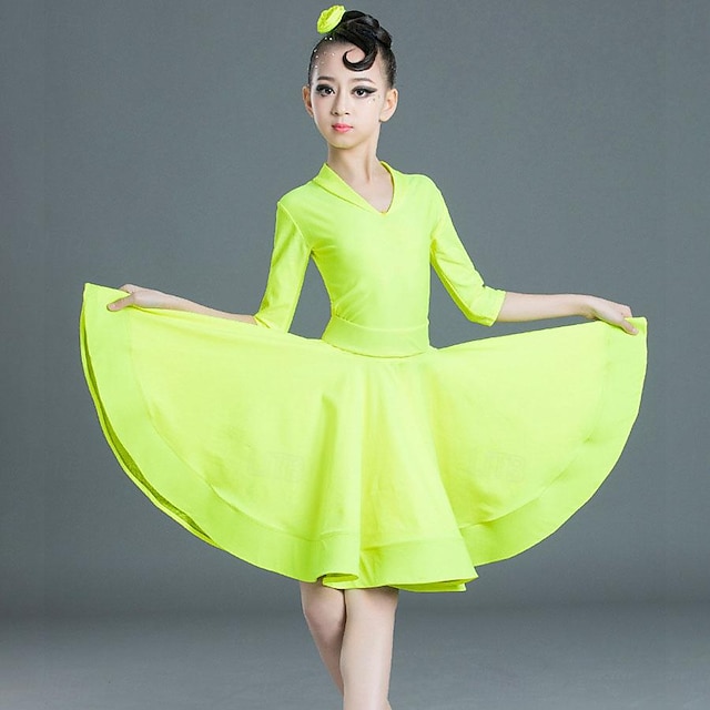  الرقص اللاتيني اطفال ملابس الرقص فستان لون نقي ربط للفتيات أداء التدريب نصف كم ارتفاع عال بوليستر