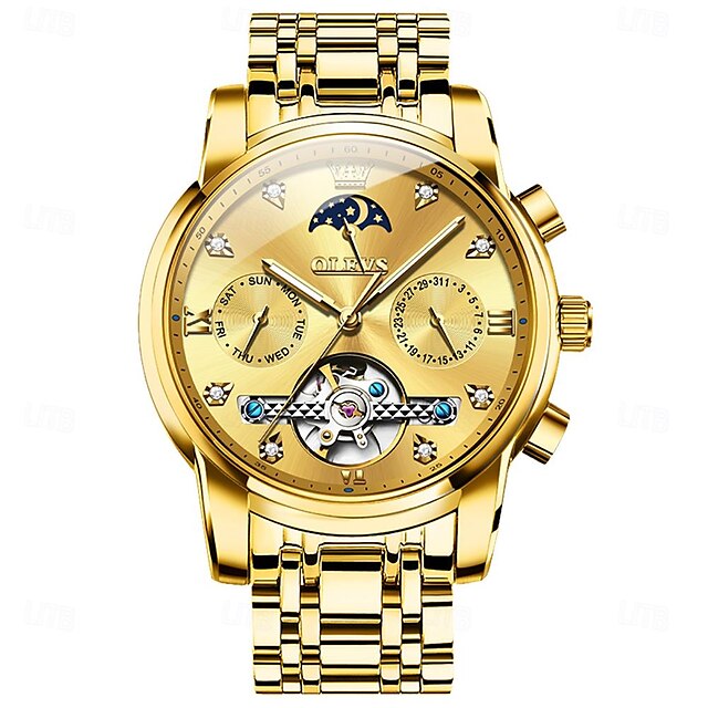  OLEVS Hombre Relojes Mecánico Creativo Al Aire Libre Moda Reloj Casual Cuerda Automática Pantalla de fase lunar Luminoso Calendario Acero Reloj