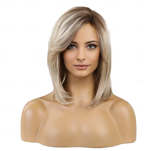  Perucas bob na altura dos ombros para mulheres com divisão lateral curta loira natural, perucas sintéticas resistentes ao calor