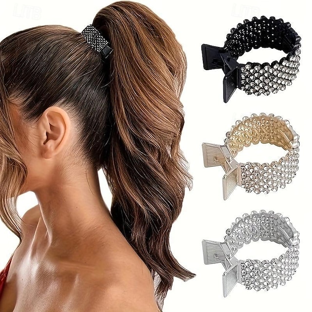  3pcs, Elegant Premium Shiny Rhinestone Hair Clips, Convenient Trendy Ponytail Fixed Buckles, Women Girls Casual Party Supplies, Gift Photo Props