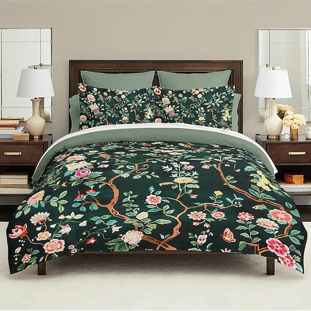  set de pat cuvertură de pilota cu flori de plante tropicale retro Set de 2 piese Set de 3 piese Set de pluș moale și scurt, pat pătrat îngroșat