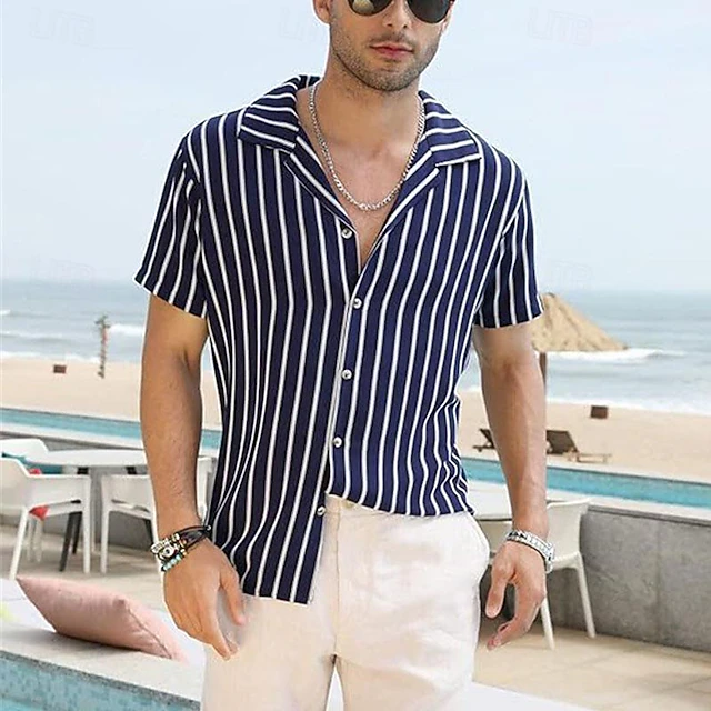 Men's Shirt Summer Shirt Casual Shirt Beach Shirt Button Up Shirt Black Navy Blue Short Sleeve Stripes Camp Collar Vacation Hawaiian Clothing Apparel Polyester Fashion Casual Comfortable 6