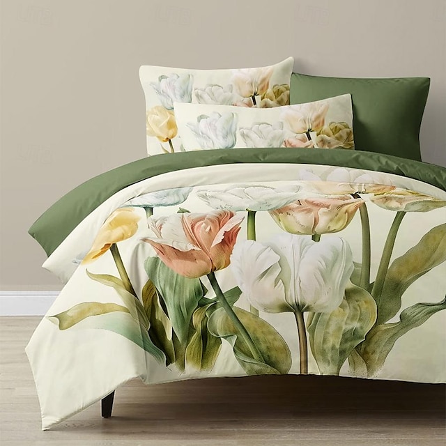  3-teiliges Bettbezug-Set aus 100 % Baumwolle mit Blumenmuster für den Sommer, weich, hautfreundlich und langlebig