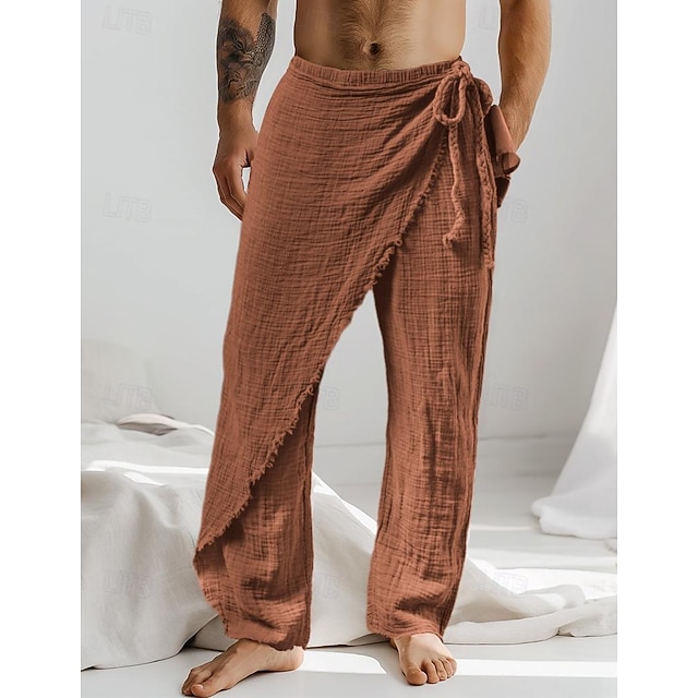 Men's Summer Casual Pants Natural Pure Linen Trousers Solid Color Elastic Waist Straight Pants