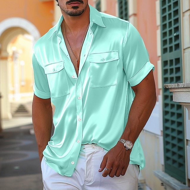  Men's Shirt Button Up Shirt Casual Shirt Summer Shirt Beach Shirt Hot Pink White Light Green Gray Short Sleeve Stripes Lapel Daily Vacation Clothing Apparel Fashion Casual Comfortable