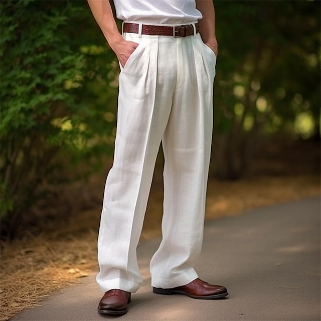  Bărbați Pantaloni de in Pantaloni Pantaloni de vară Buzunar frontal Pliuri Picior drept Simplu Confort Respirabil Casual Zilnic Concediu Modă De Bază Negru Alb