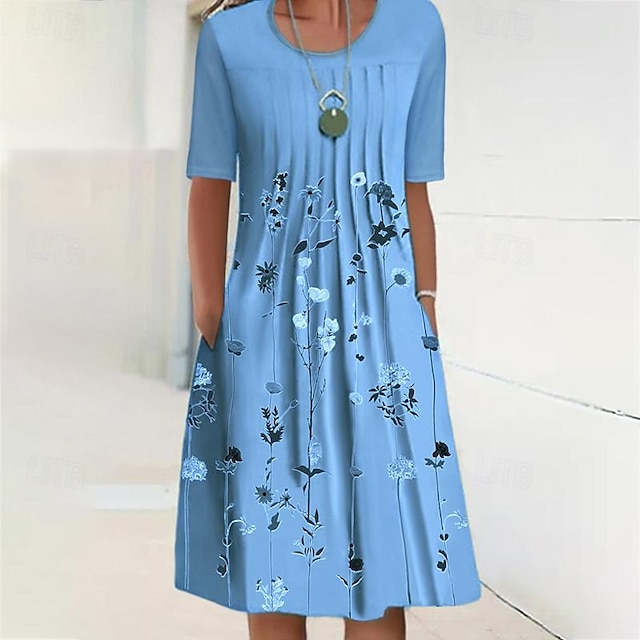  Women's Midi Dress Casual Dress Shift Dress Floral Ruched Print Crew Neck Basic Daily Short Sleeve Summer Spring